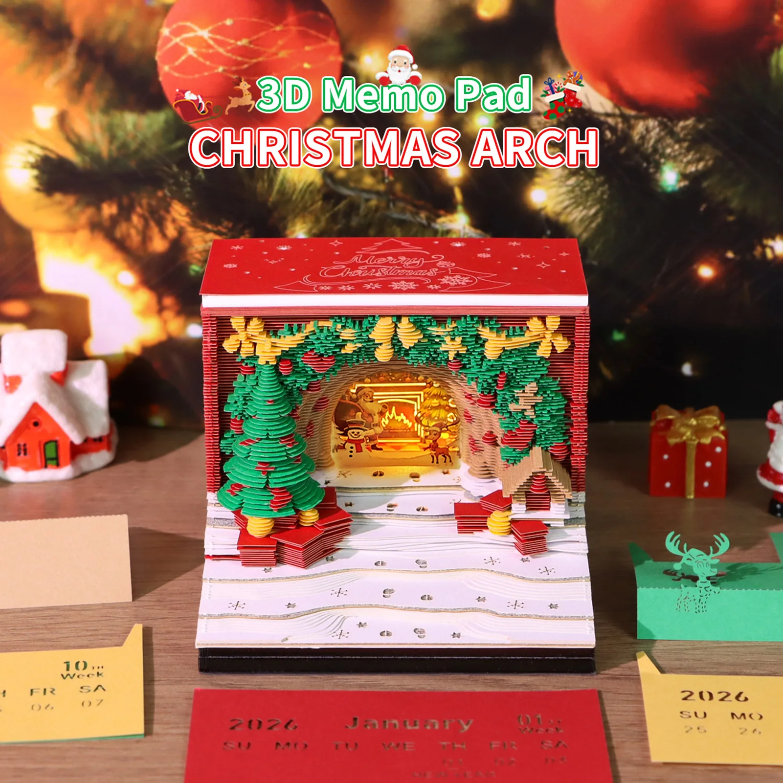 ปฏิทินชิ้นส่วนเวลา XMAS Arch 3d Desk ปฏิทินพร้อมไฟ LED มือฉีกขาดแผ่นบันทึกบันทึกบ้านขนาดเล็กเดสก์ท็อปตกแต่งคริสต์มาสของขวัญของขวัญ