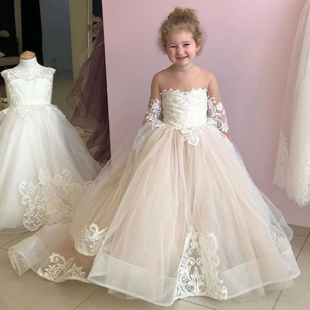 Puffy Bloem Meisje Jurk Ivoor Kant Meisje Jurk Tulle Wedding Party Jurk Schattige Kinderen Kind Verjaardag Jurk Meisje Party jurken