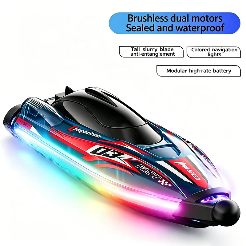 S25 Bürstenloser Doppelmotor RC-Boot 2,4G Ferngesteuertes Rennboot Bunte Lichter Elektrisches Wasserdichtes Hochgeschwindigkeits-Schiff Spielzeug für Kinder