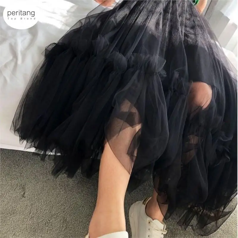 

Autumn Winter Vintage Tulle Skirt Women Elastic High Waist Mesh Skirts Long Pleated Tutu Skirt Female Jupe Longue