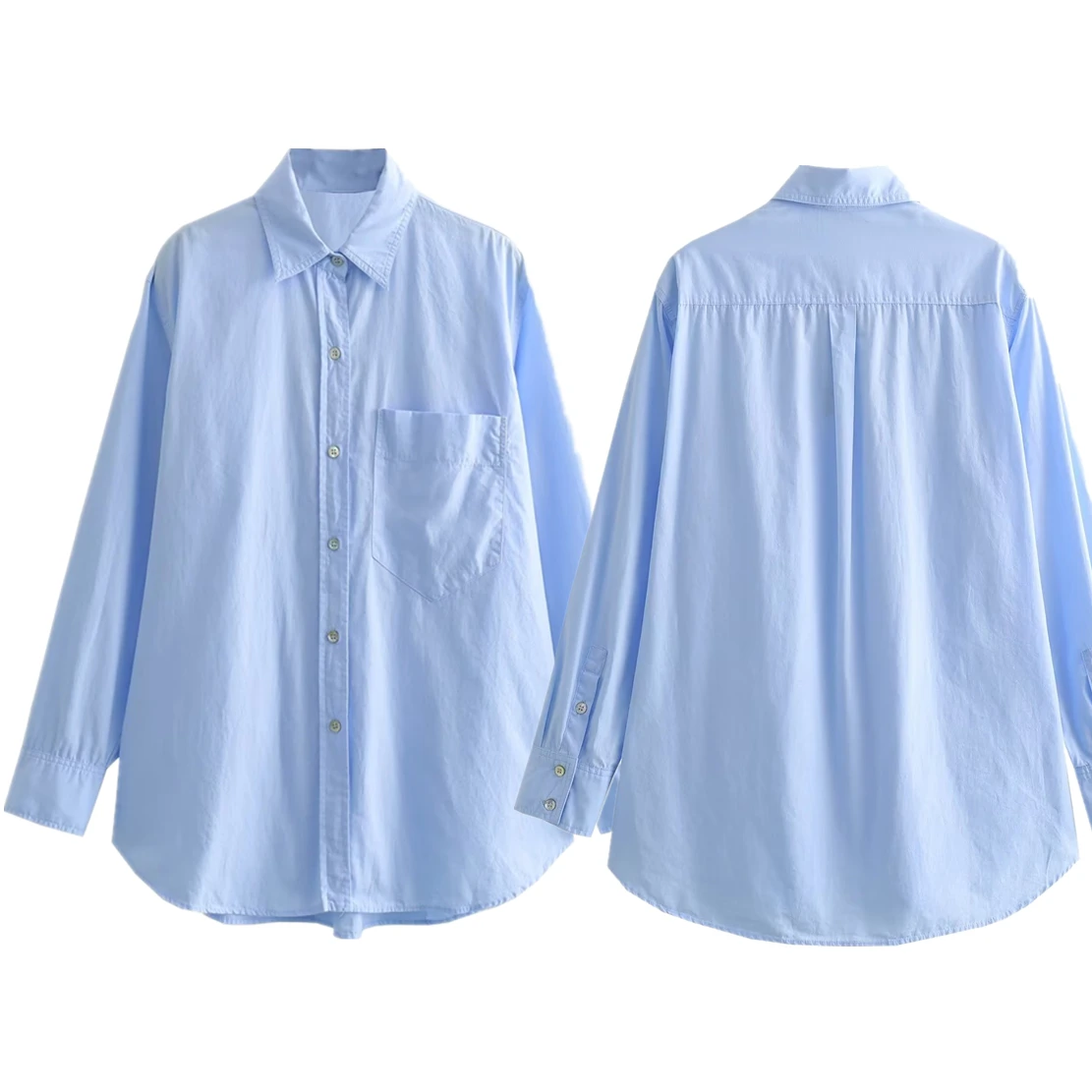 

Dave&Di French Lazy Style Loose Blue Shirt Women Pocket Casual Poplin Top