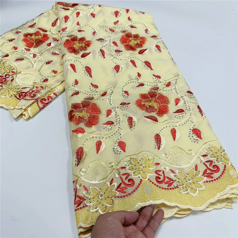 

5 Yard Swiss Fabric Latest With Stones Embroidery African 100% Cotton Voile Lace Popular Dubai Style For wedding Party 3L071101