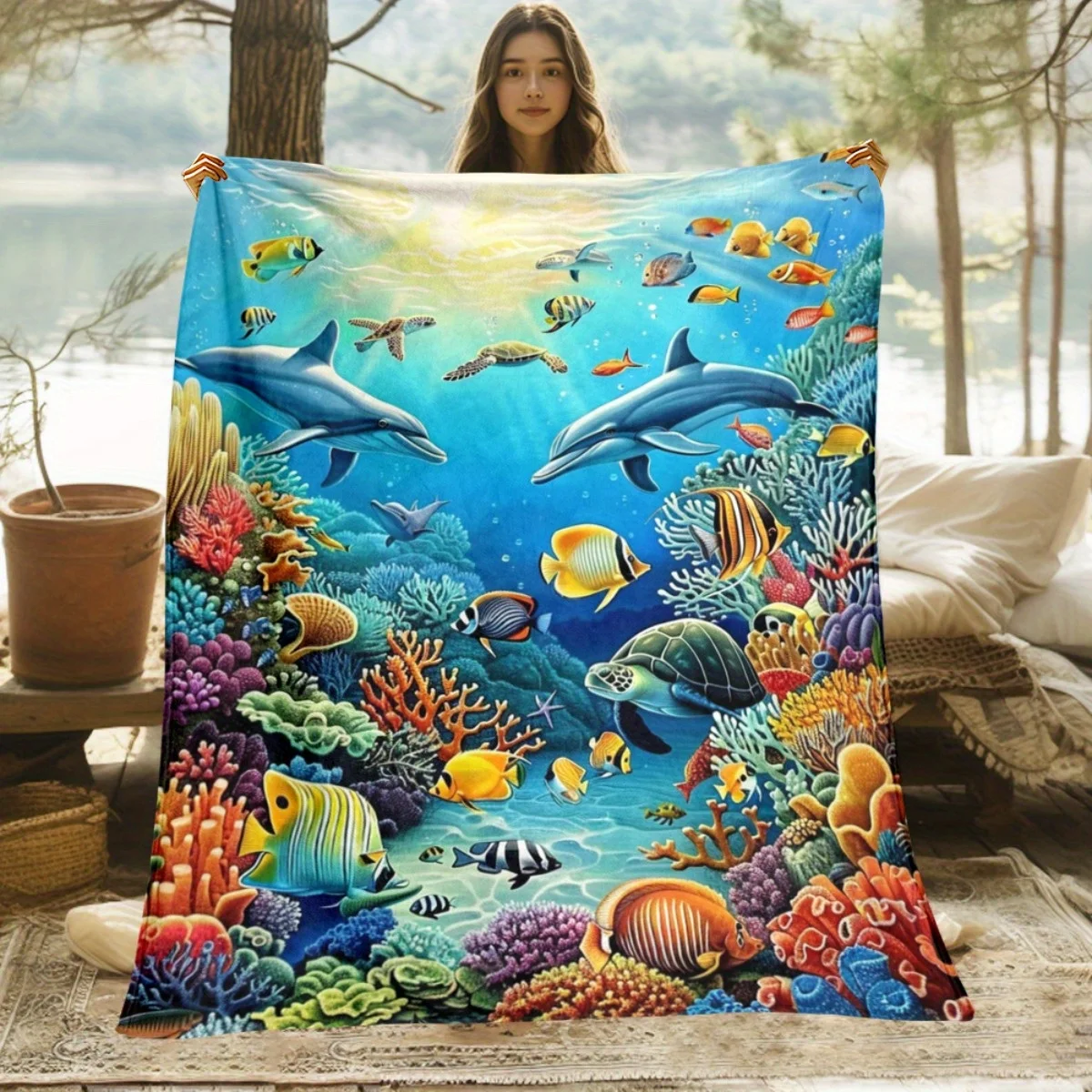 2D Undersea World Dolphin, Sea Turtle, Tropical Fish, and Coral Print Flannel Home Nap Sofa Throw Blanket
