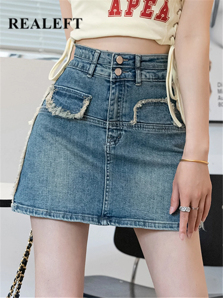 

REALEFT Spring Summer Stylish Women's Denim Short Skirts 2023 New High Waist Pockets Sexy Mini Jeans A-Line Skirts Female