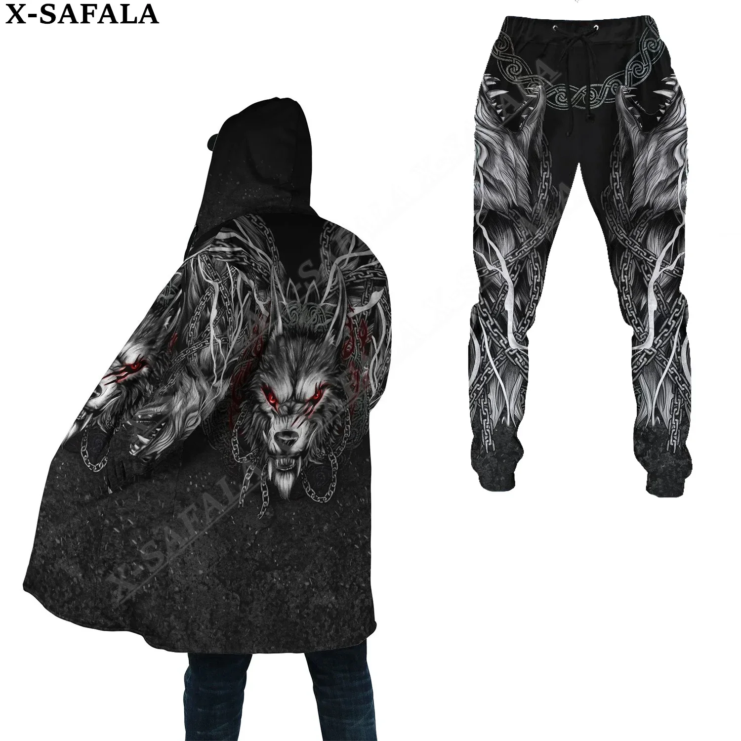 

Viking Dark Blood Wolf Thick Warm Hooded Cloak Sweatpants Combo Set Overcoat Coat Windproof Fleece Unisex Long Joggers Trousers