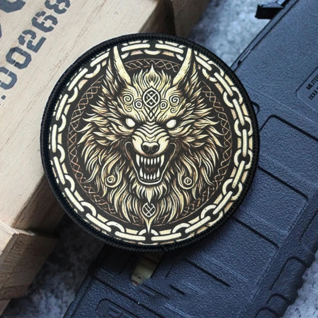 Viking Fenrir Wolf Printed Patch Norse Mythology Morale Badge Celtic Knot Hook Loop Applique for Backpack Cloak