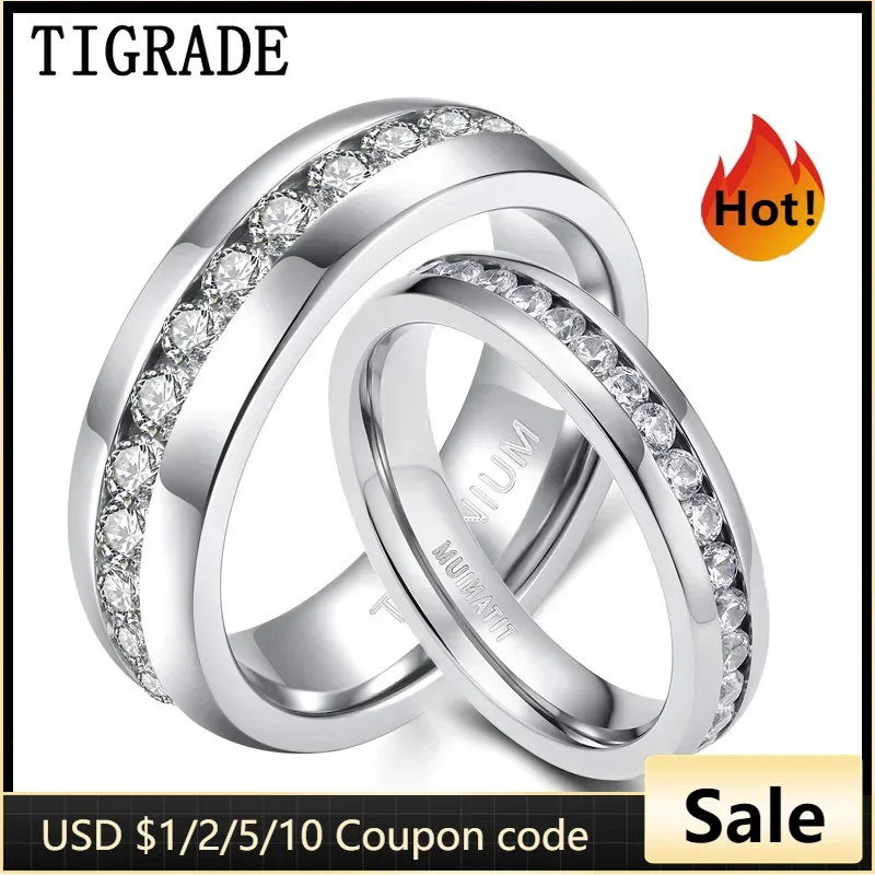 TIGRADE 4/5/6mm Titanium Ring Cubic Zirconia Engagement Ring Anti-allergy Men Women Wedding Band Size 3 to 13.5