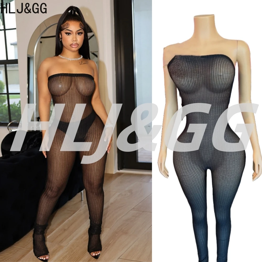 HLJ&GG Sexy Mesh Hollow Out Bodycon Jumpsuits Women Off Shoulder Sleeveless Backless Slim Rompers Fashion See Though Playsuits