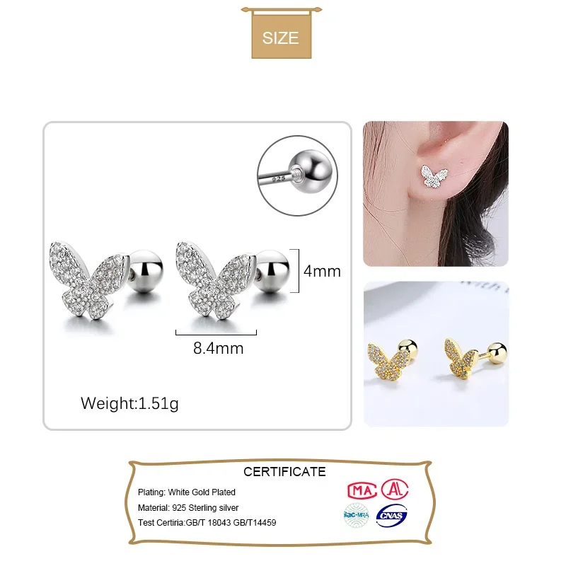 Trustdavis Real 925 Sterling Silver Insect Butterfly Shiny CZ Beads Screw Stud Earrings For Women Wedding Fine Jewelry DA2250