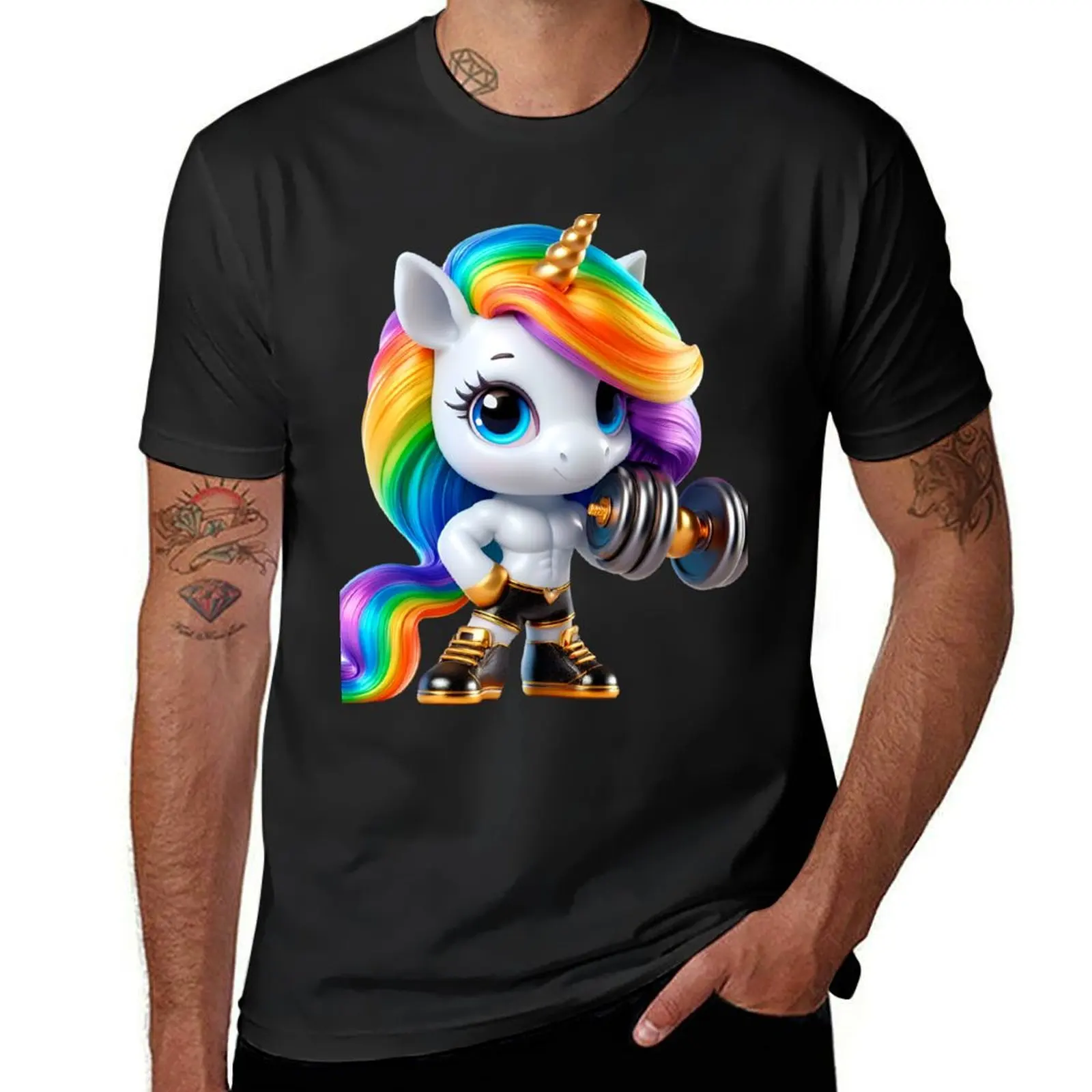 Cute Strong or Muscular Rainbow Unicorn with dumbbell in hand No. 10 T-shirt boys whites quick drying men clothings