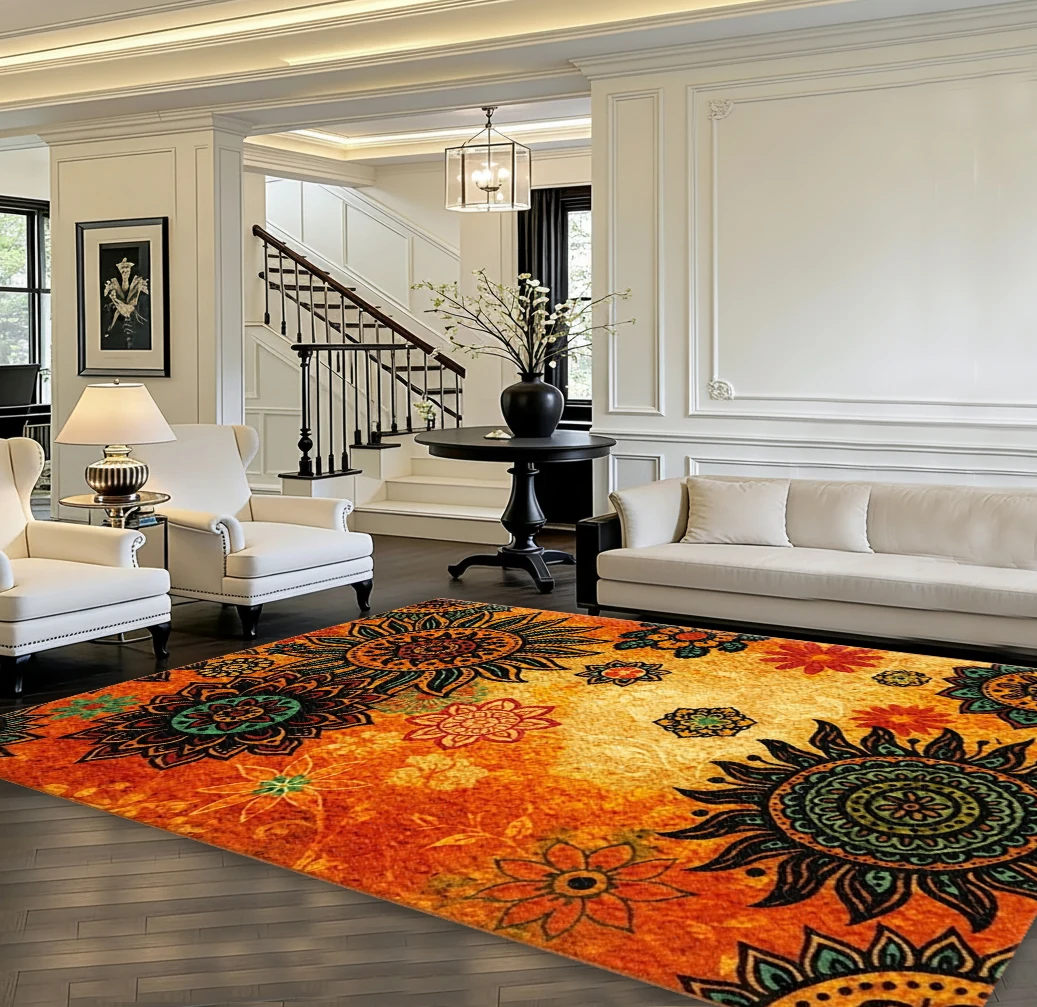 Orange Bohemian Sunflower Floral Area Rug Non Slip Washable Vintage Boho Living Room Floor Mat