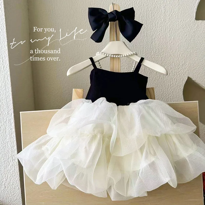 Girls Dress Summer 2024 New Style Childrens Dress Birthday Little Girl Pompadour Dress Halter Princess Simple Casual Skirt