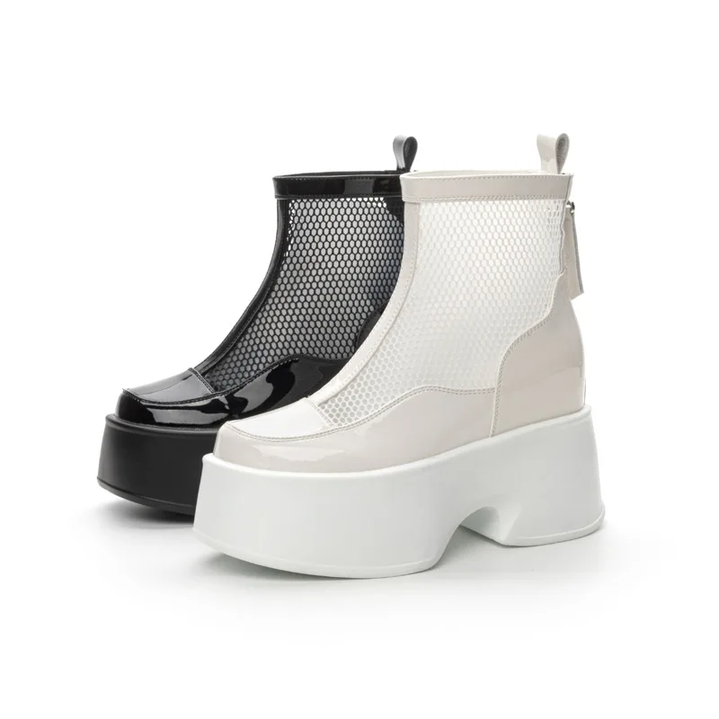 2026 11cm Air Mesh Patent Leather Boots Chimney Summer Motorcycle Sandals Hollow Ankle Booties Women Moccasins Fashion Shoes