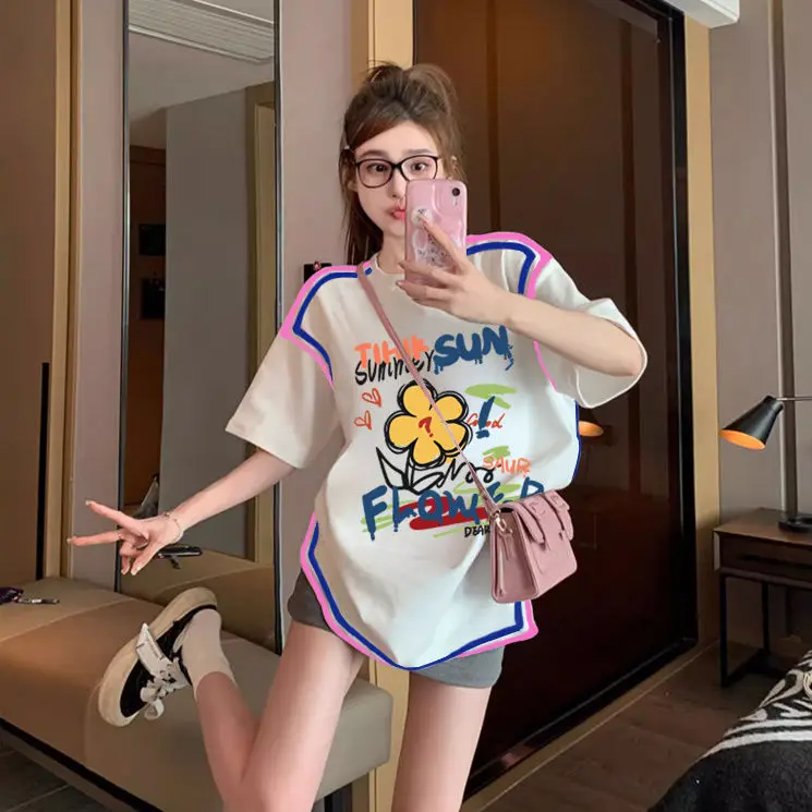 Korea Women Casual Printed Basic Short Sleeve T-Shirt Summer Solid Loose Tees Female Top 2024 New