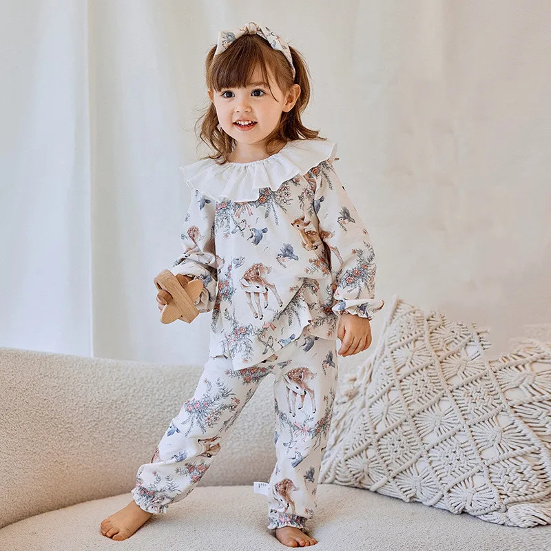 

2024 Children Pajamas Baby Girls Autumn Winter Cute Printed Pajamas Girl Thin Home Clothing for Children Daily Two Piece Set