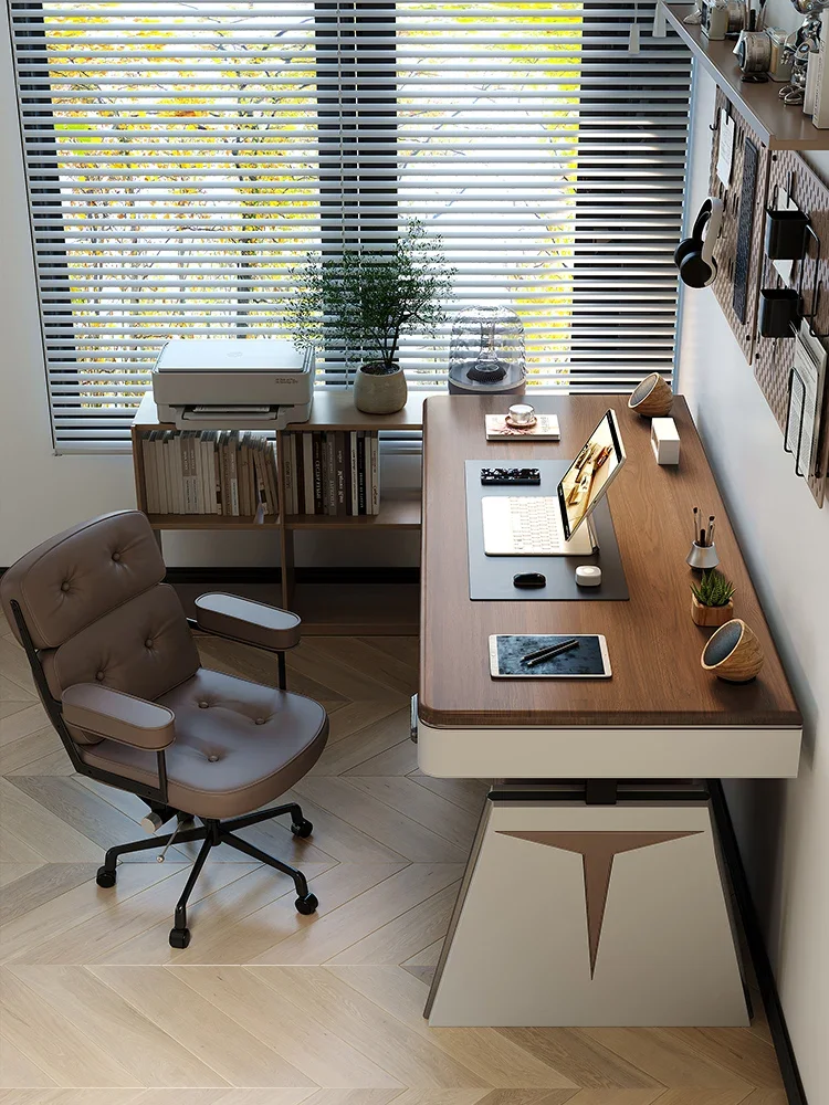 

Desk Black Walnut Solid Wood Designer Saddle Leather Electric Lifting Computer Desk