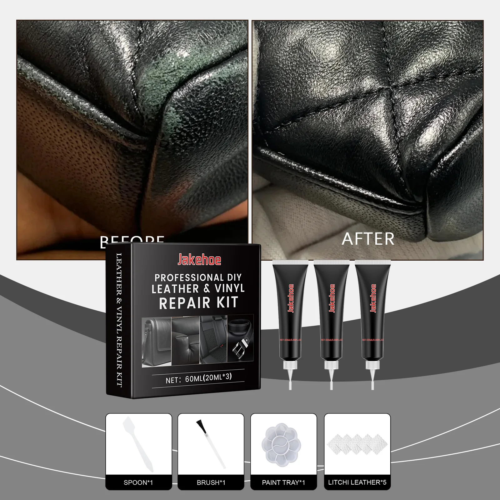 60ml Car Care Kit Liquid Leather Skin Refurbish Repair Tool Auto Seat Sofa Coats Holes Scratch Cracks Restoration Black