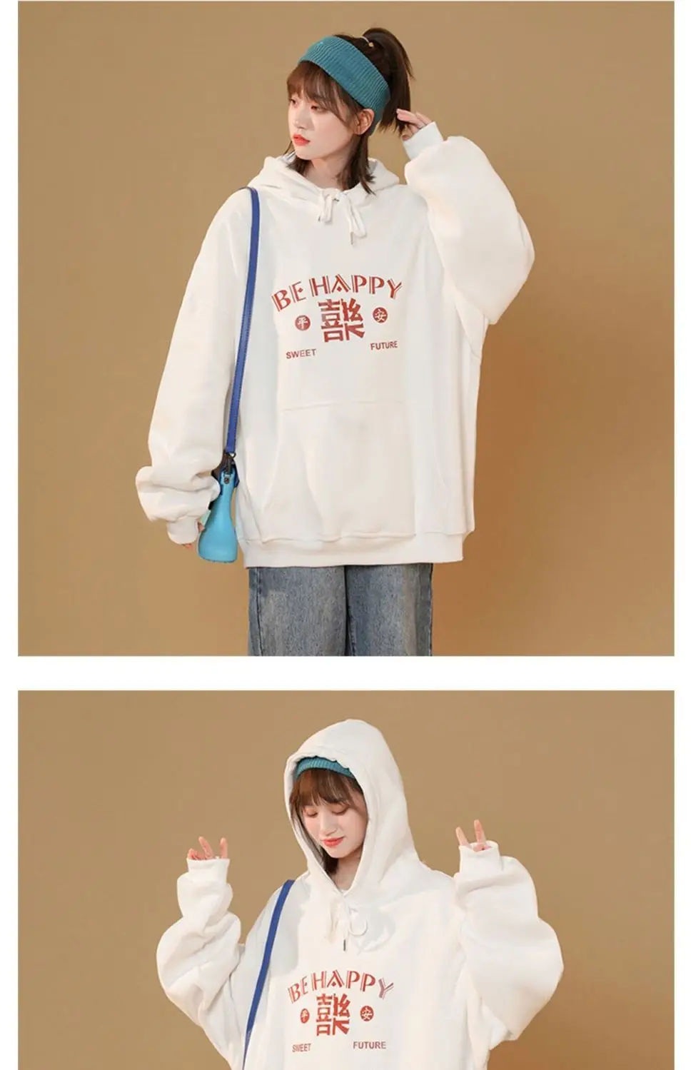 سترة بغطاء للرأس كبيرة الحجم للنساء بأكمام طويلة وحروف تجريدية ملابس شبابية بحاشية مضلعة تقلل ملابس قابلة للغسل Rockabilly