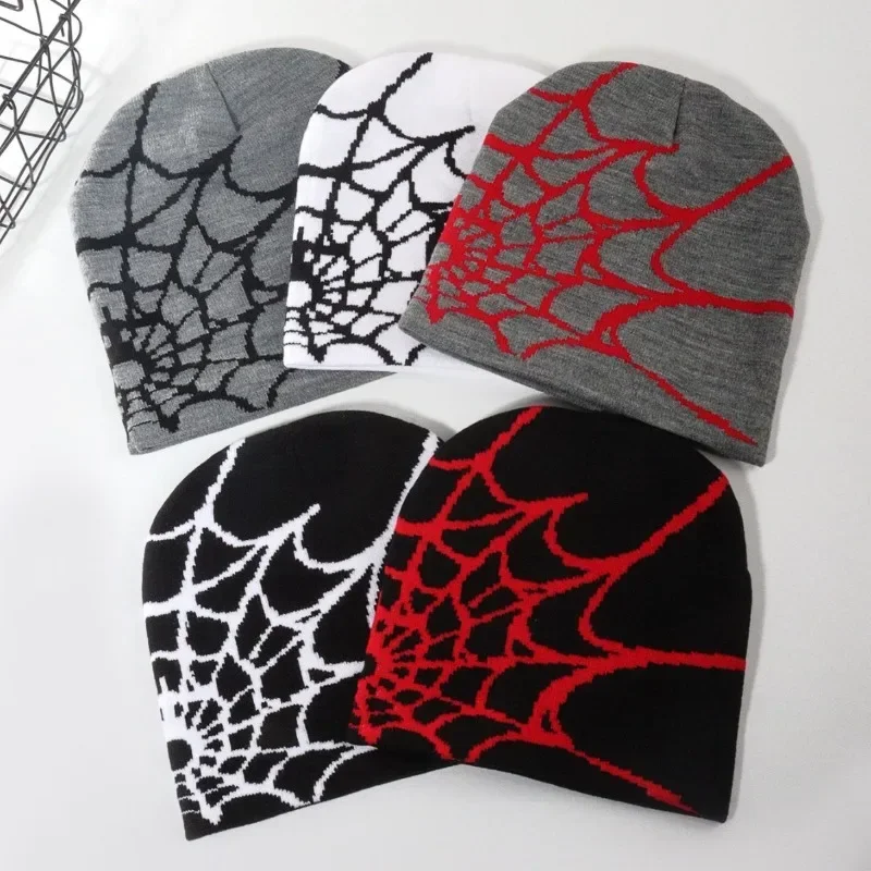 New Goth Spider Web Jacquard Beanie Caps Y2K Knitted Warm Hip Hop Unisex Elastic Knit Hat Skull Cap for Women Men Pullover Cap