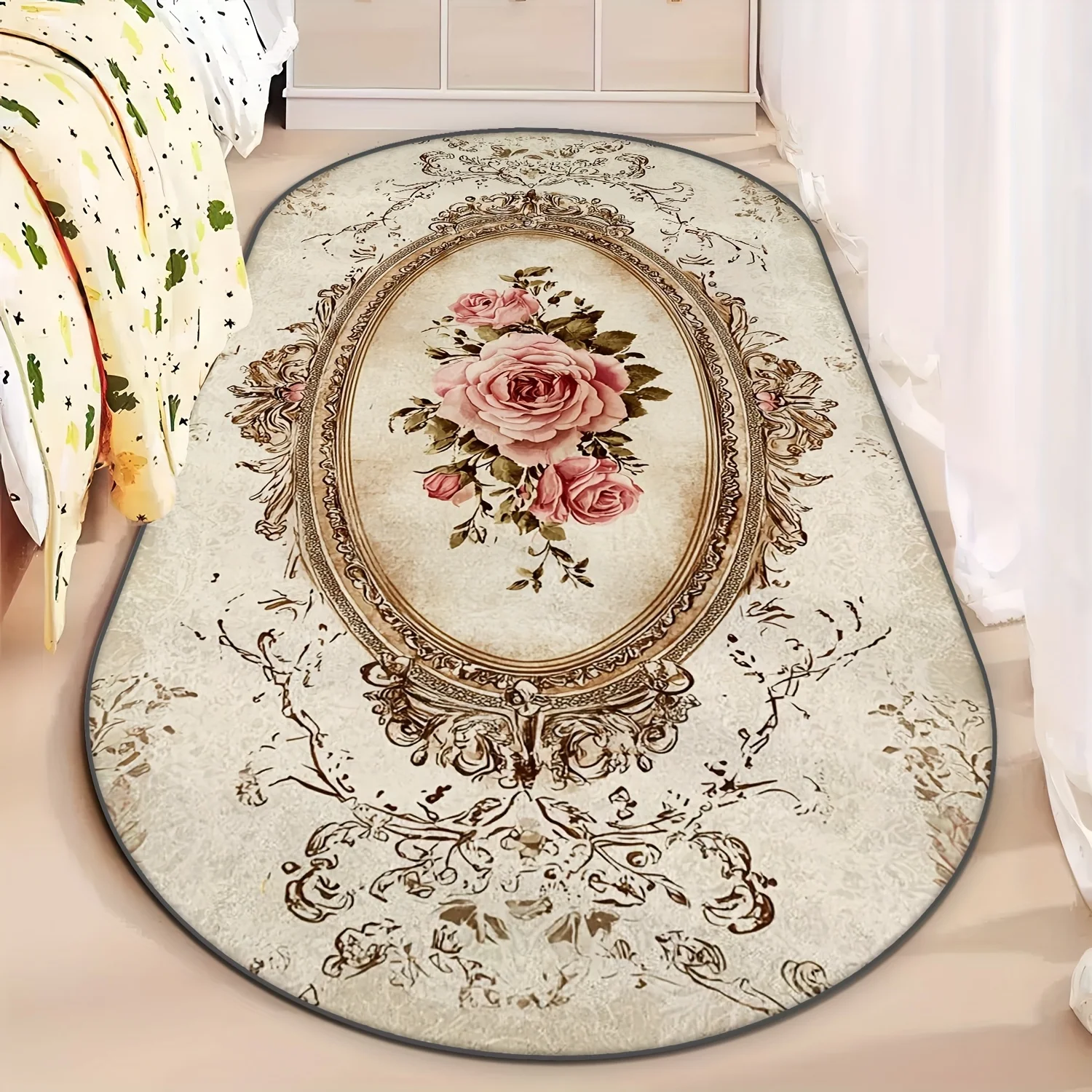 VIKAMA Vintage Carpet Doormat Peony Flower Bedside Floor Mat Oval Carpet For Living Room Rug For Bedroom Bathroom Mat Home Decor