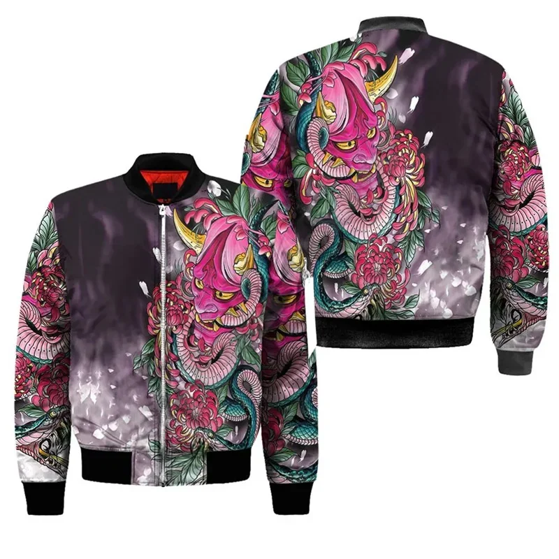 3D Printed New Samurai Oni Mask Tattoo Mens Bomber Jacket Casual Spring Autumn Vintage Zipper Jacket Unisex Clothing Streetwear view 5