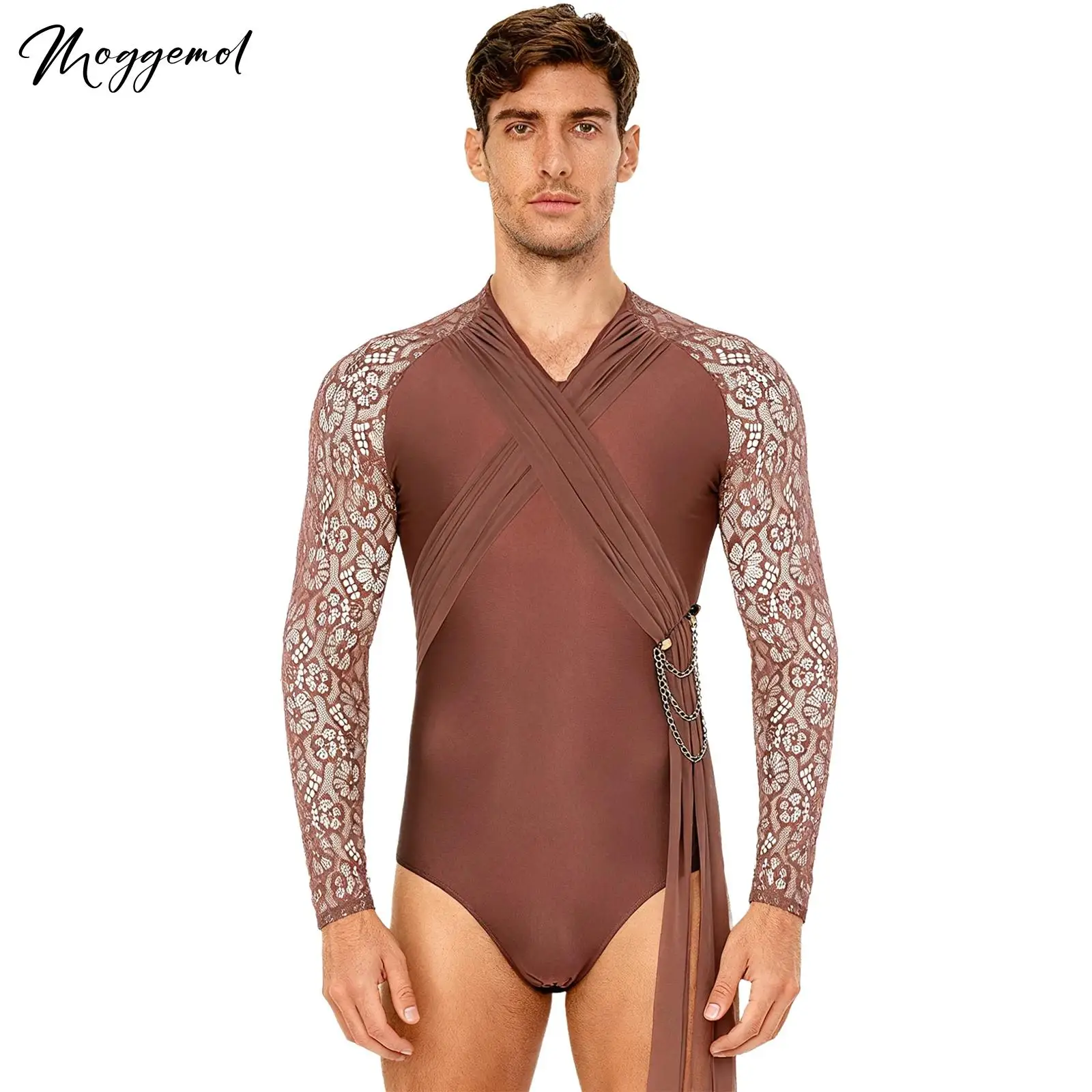 

Mens Gymnastics Ballet Latin Tango Dance Figure Skating Lace Long Sleeve Ruched Mesh Layer with Drape Chain Tassel Leotard