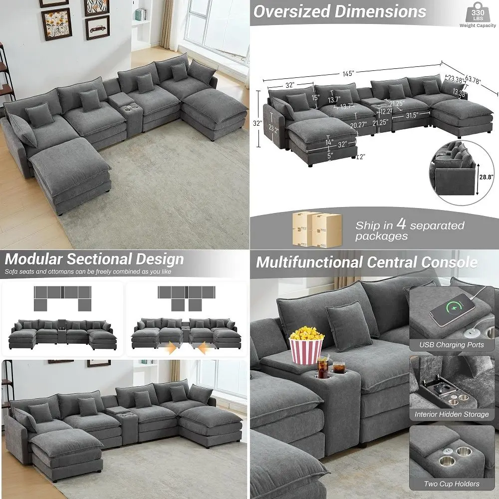 

Oversized Modular Sectional Sofa U Shaped Cloud Couch 6 Seat Sofa Set for Living Room Fluffy Comfy Chenille Deep Seat with Stor
