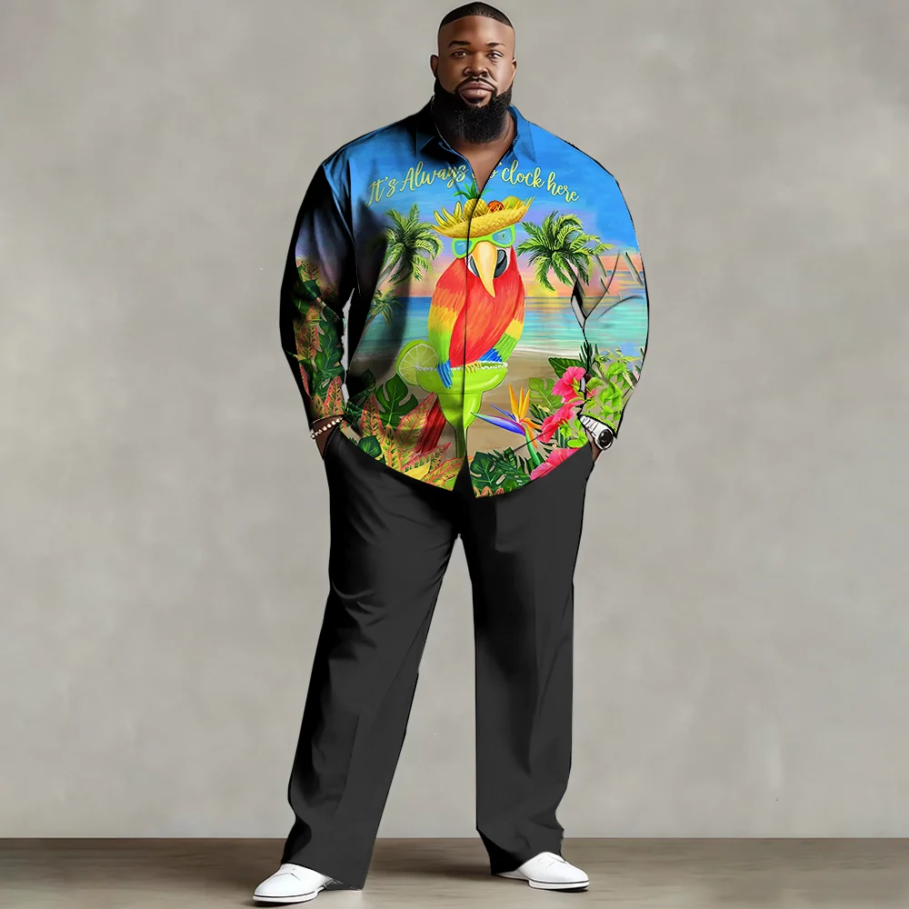 

S-9xl plus size Men's Shirt Set: Coconut Tree Summer Vibe - Soft Cotton Blend, Sleek Tropical Palm Prints,