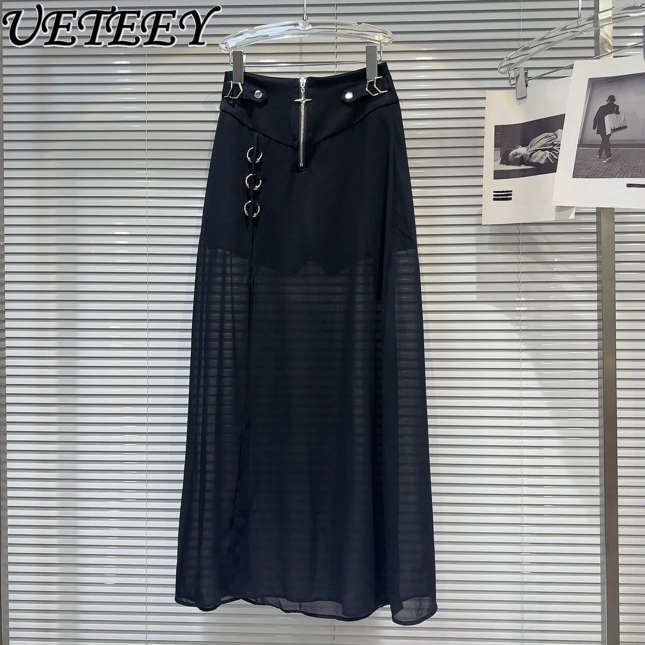 

2024 Summer New Niche Dark Black Skirt Female Girl Metal Iron Hoop Mesh Stitching Mid-length Skirts Office Lady Falda Harajuku