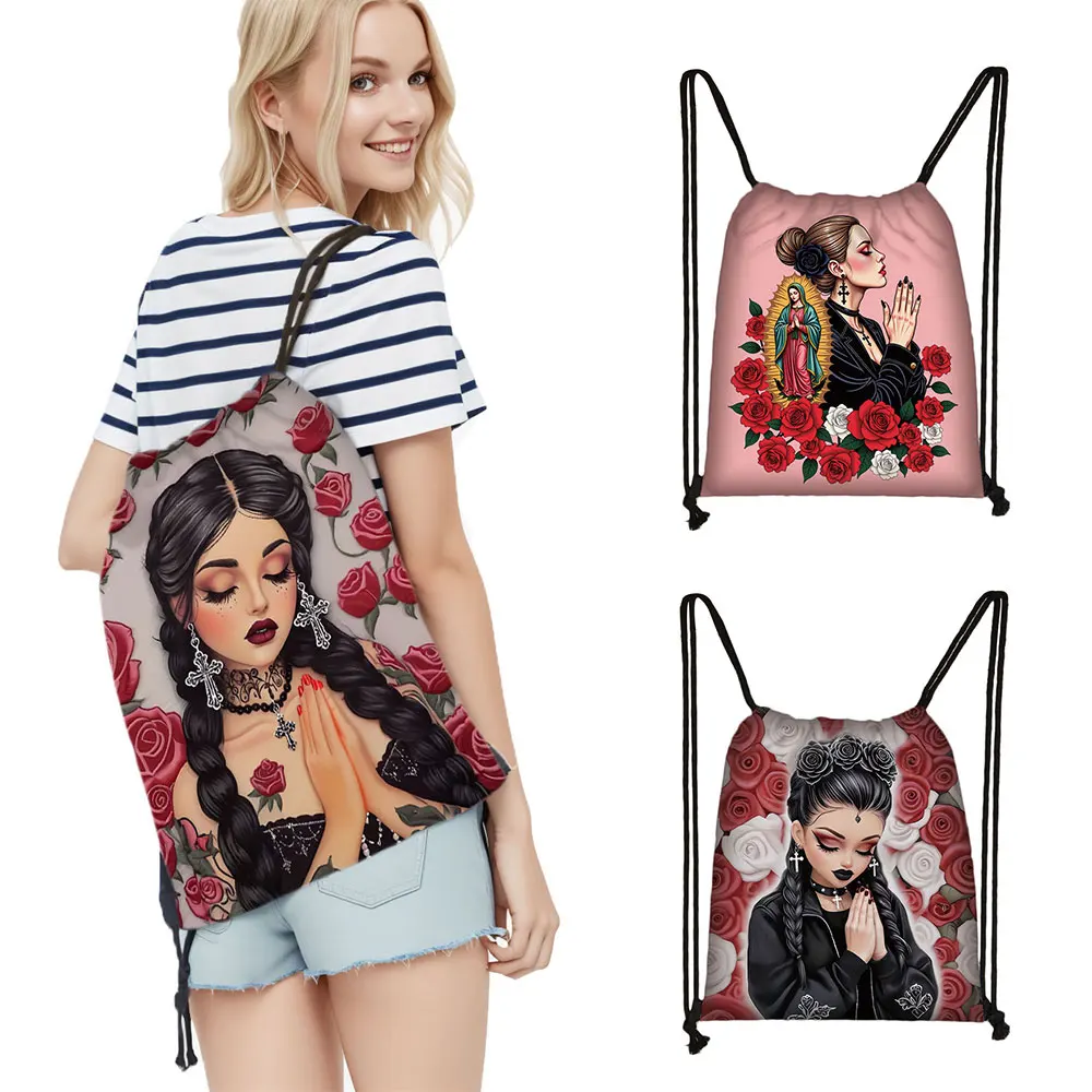 Cartoon Gothic Girl Prayer Print Women Drawstring Bag Christian Prayer Blessing Backpack Teenager Bookbag Shoes Holder Gift