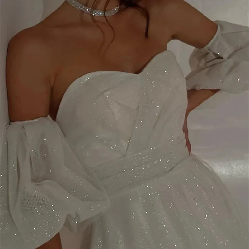 Robe de mariée scintillante, sans bretelles, en forme de cœur, en Tulle scintillant, ligne a, manches bouffantes détachables