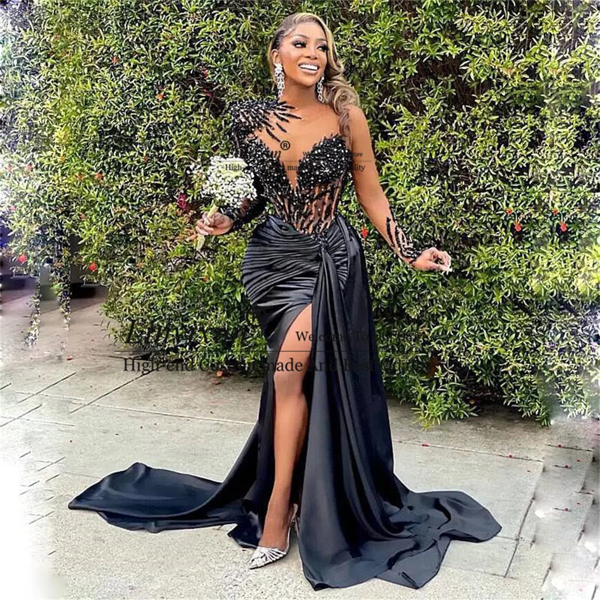 Customized Sexy Mermaid Prom Dress For Black Girls With Beaded Crystal Evening Party Gowns Side Slit Court Train Robes De Soirée