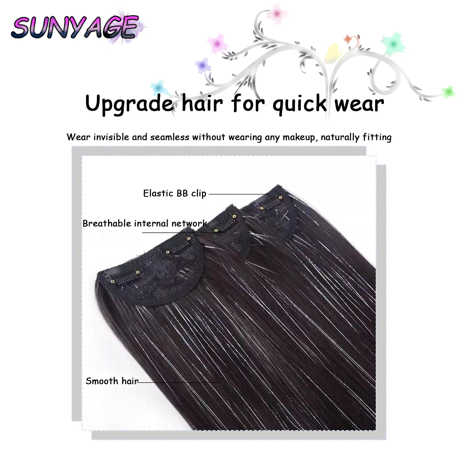 SUNYAGE-extensões sintéticas do cabelo de 3 peças, natural, sem costura, clipe, colorido, orelha-pendurado, tingido, fase