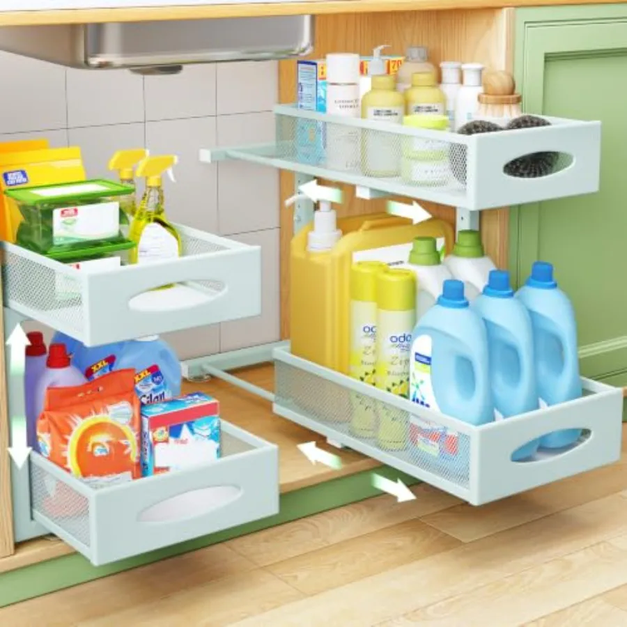 Under Sink Organizer, 2 Tier Pull out Cabinet Organizer Baskets with Mesh Sliding Drawers, Slide out Storage Shelf for Home, Ki