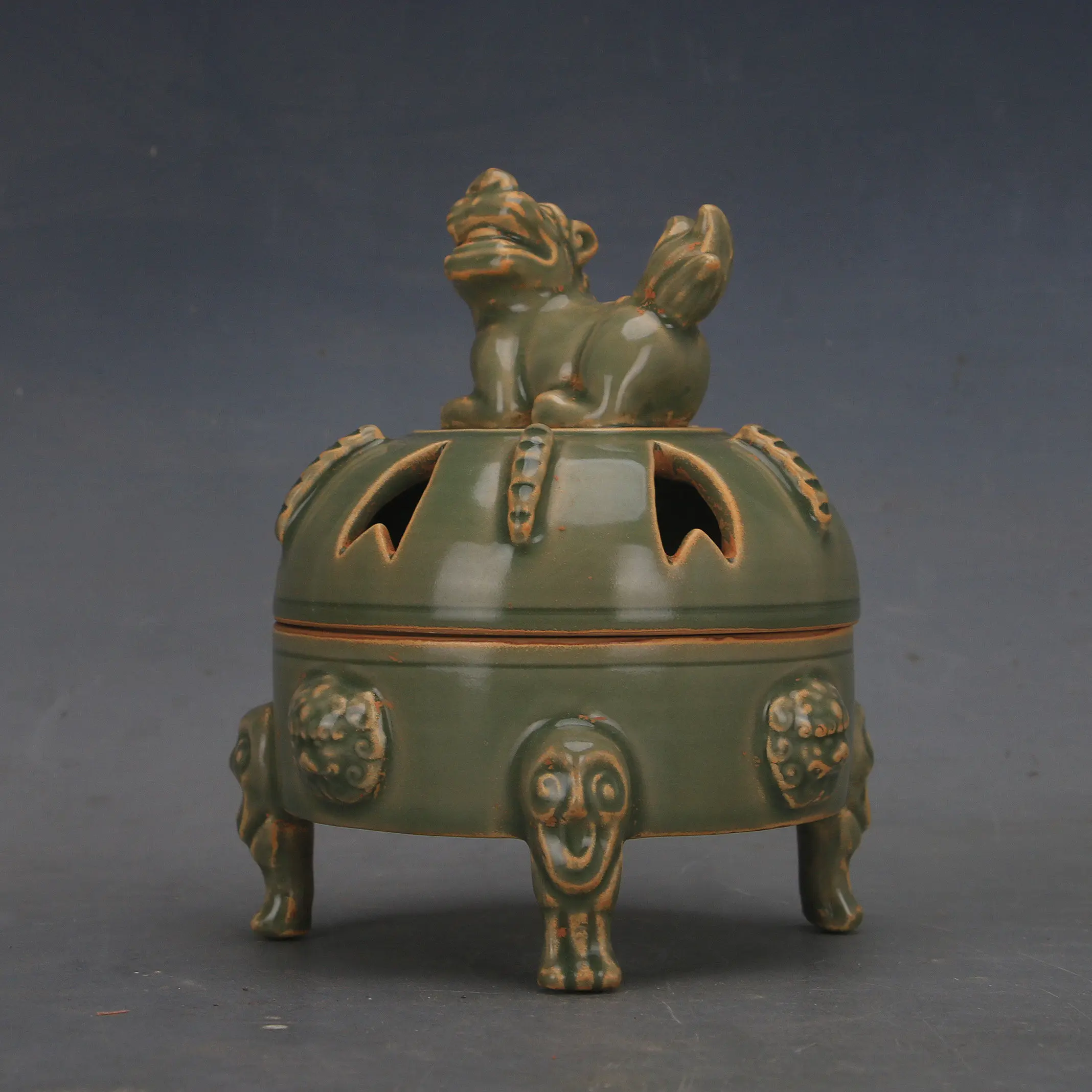 Song Dynasty Yue Kiln Mi Se Porcelain Carved Openwork Lion Incense Burner Replica Home Decor Collectible