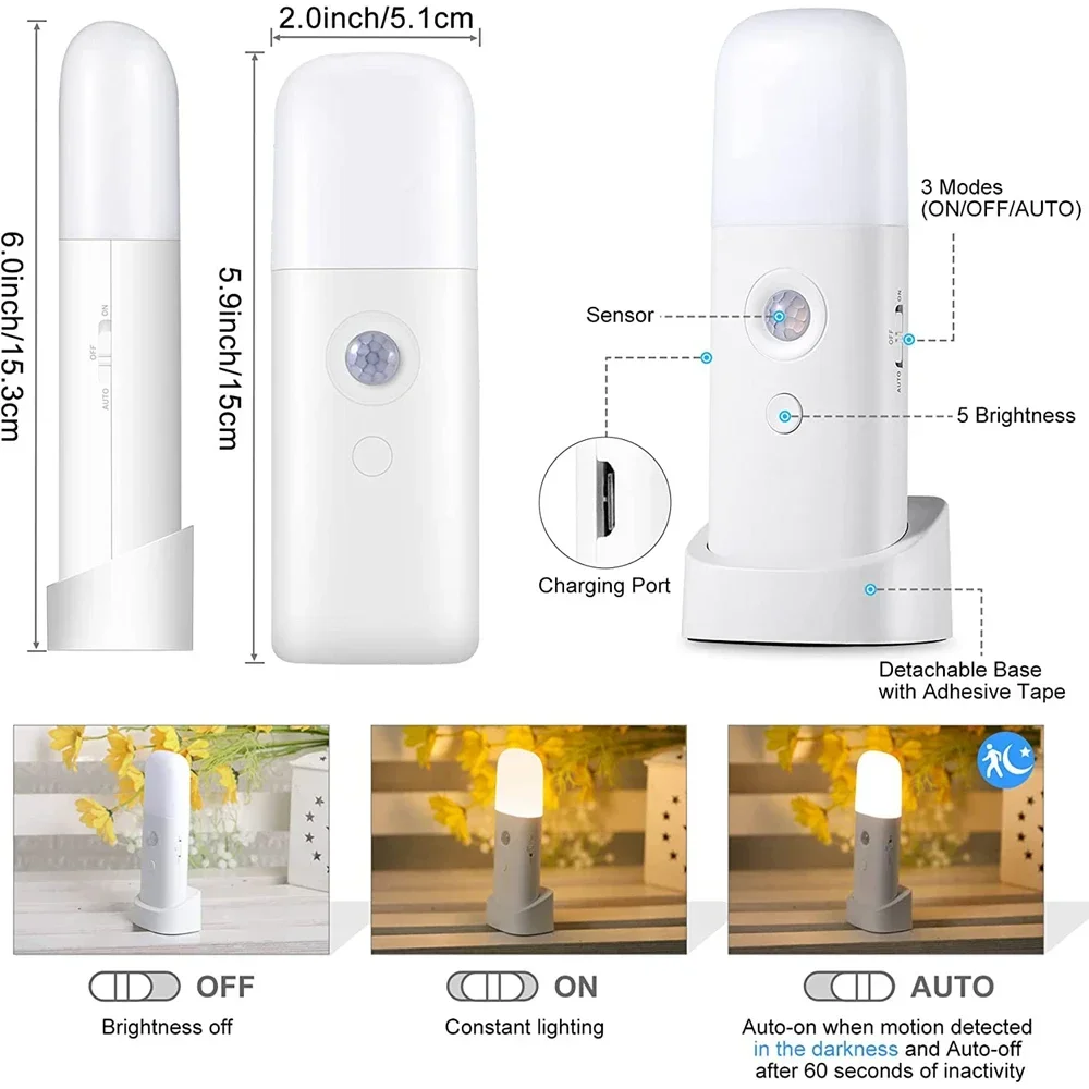 LED モーションセンサーナイトライト USB 充電式調光可能ポータブルモーション活性化ナイトランプ子供部屋寝室廊下用