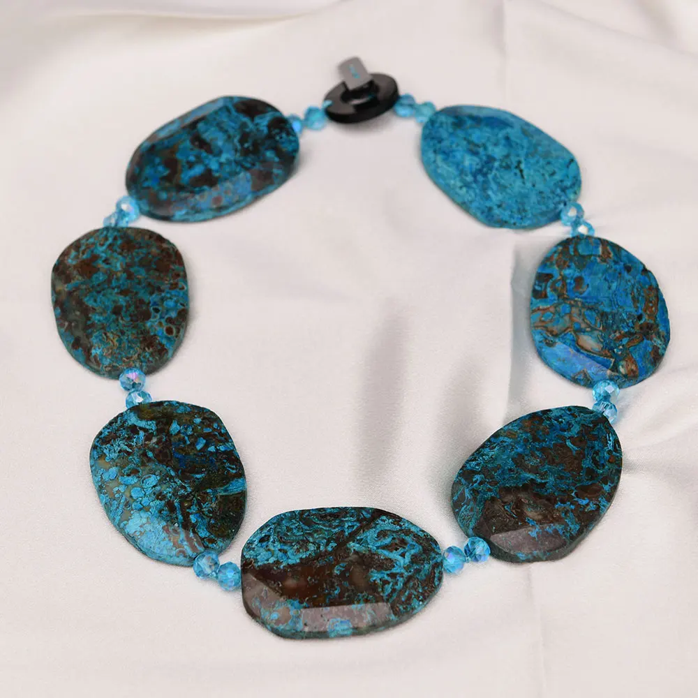 

G-G Natural Blue Ocean Jasper Agate Stone Raw Slab Big Chunky Slice Blue Crystal Necklace Handmade For Lady