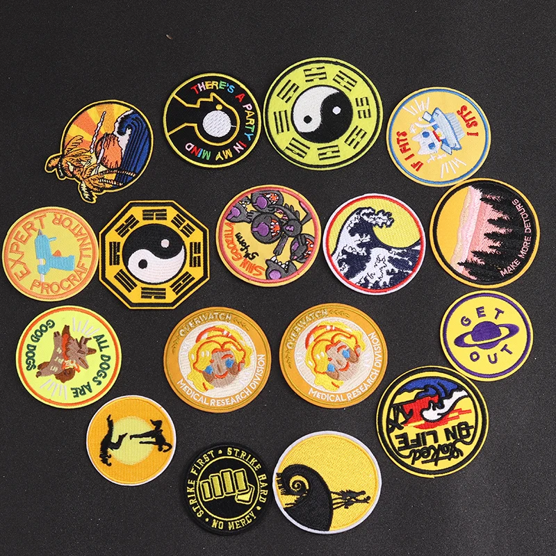 Tai Chi Bagua Ocean Wave Patches Badges Embroidery Patch Applique Ironing Clothing Sewing Supplies Decorative circular yellow