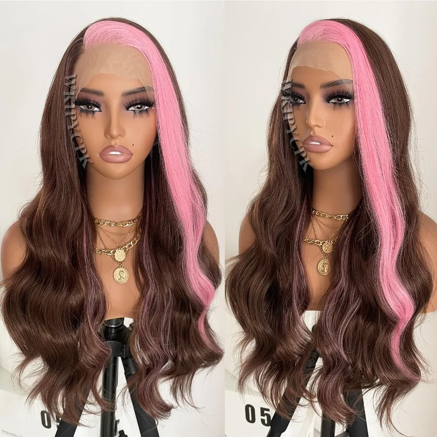 24-Zoll-Perücke mit rosa Skunk-Streifen, synthetische Lace-Front-Perücke mit braunem Haar und rosa Highlights-Streifen für schwarze Frauen, vorgezupft, L