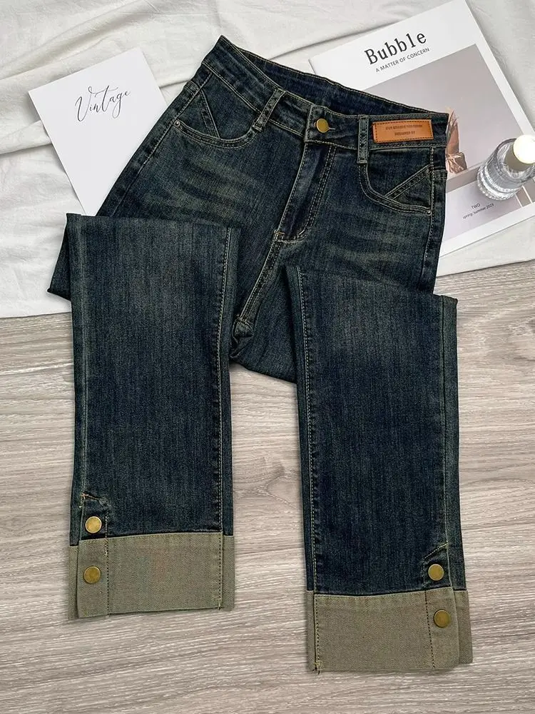 Fashion splicing rolled edge straight leg jeans women's spring new style slimming retro versatile  casual smoke pipe pants