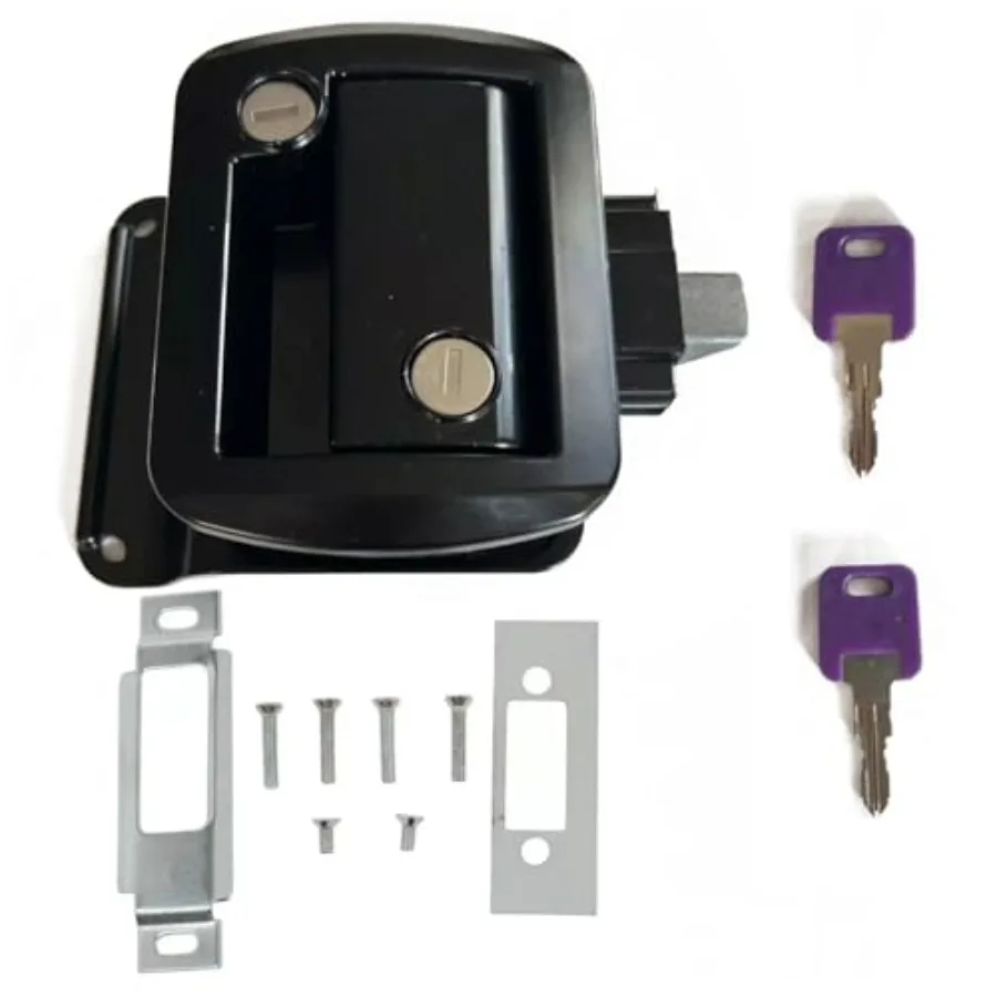 

RV paddle entry door lock latch handle knob deadbolt for camper and travel trailer, black metal, weather-resistant and easy ins