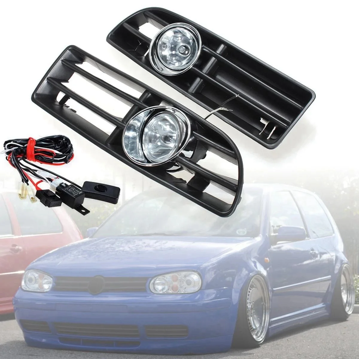 Front Fog Lights Assembly Fog Lamp Grille with Switch Harness For VW Bora Jetta MK4 1998-2004