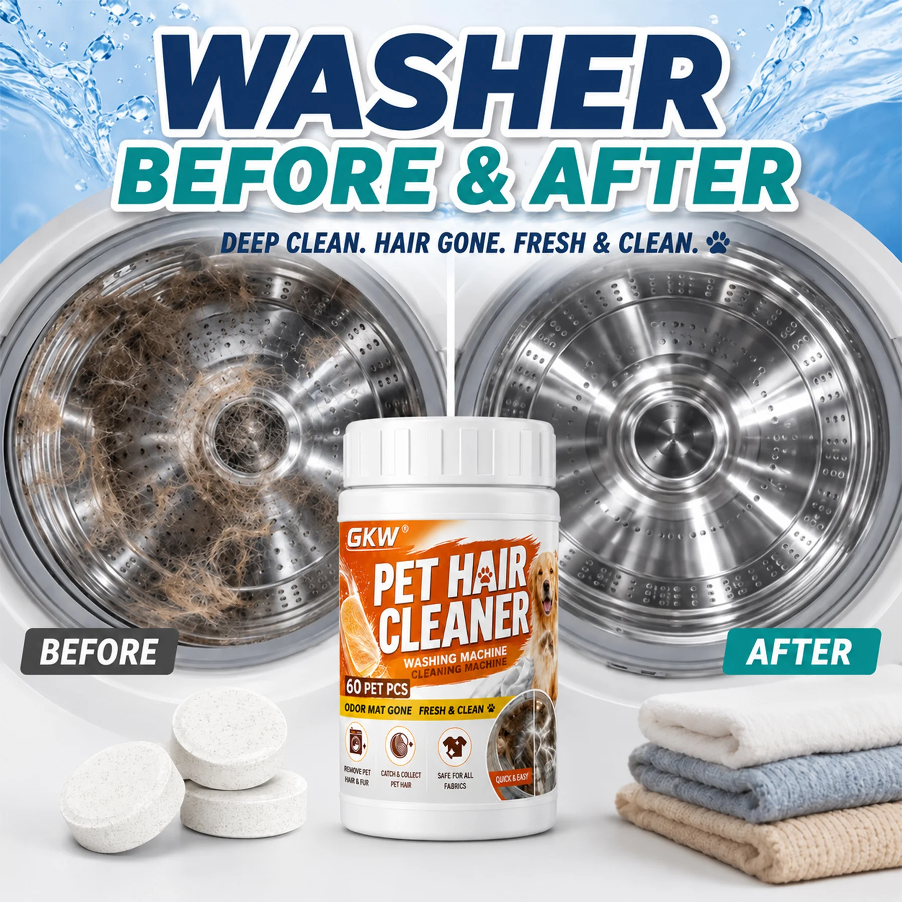 Pet Hair Washer Effervescent Tablets. Dissolves Loose Pet Hair, Reaches Hidden Gaps, Mild Formula for Dog & Cat Families.