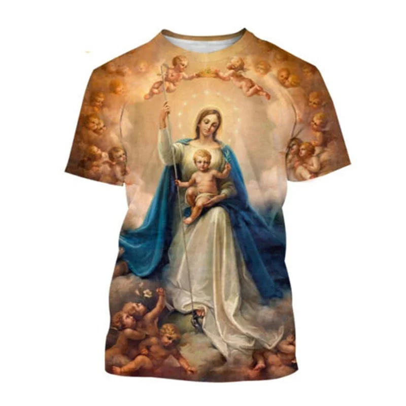 Christian Blessed Jesus God T Shirts Womens Clothing Virgin Mary T Shirt Goddess of Mercy 3D Print T-Shirt Unisex Short Tops