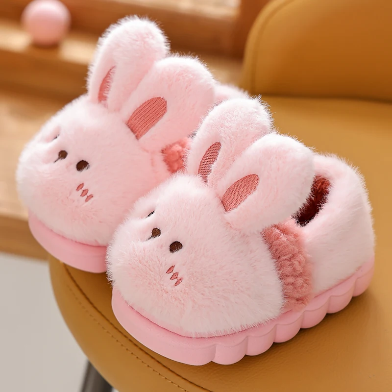 New Children\'s Cartoon Rabbit Heel Wrap Fluffy Slippers Soft Sole Non-slip Winter Warm Baby Boys Girls Indoor Home Cotton Shoes