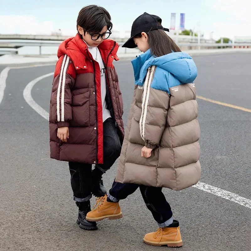 Girls Kids Boys Long Loose Thickened Duck Down Yellow Pink Black Baby Coat Teenagers Hooded Padded Jacket Clothes Winter