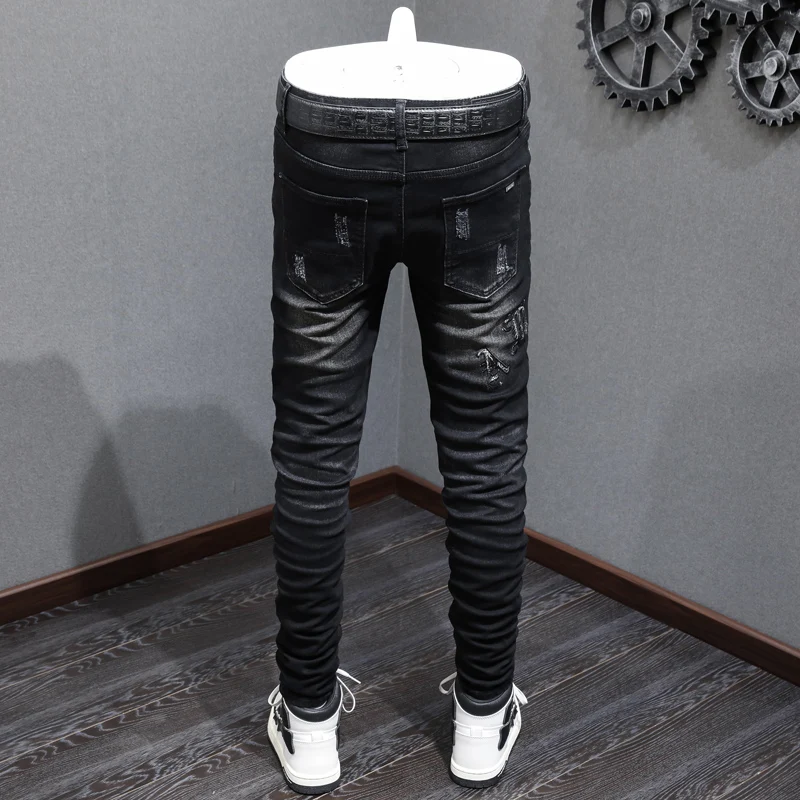 Designer Street Fashion Boutique Men's Black Jeans Elastic Hole Tight Splicing Broken Hole Patch Jeans Men's Hip Hop Brand Retro