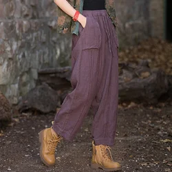 Elegant Women's Cotton Linen Baggy Cargo Pants Vintage Elastic Waist Yoga Trousers Loose Casual Long Wide Leg Oversize Clothes