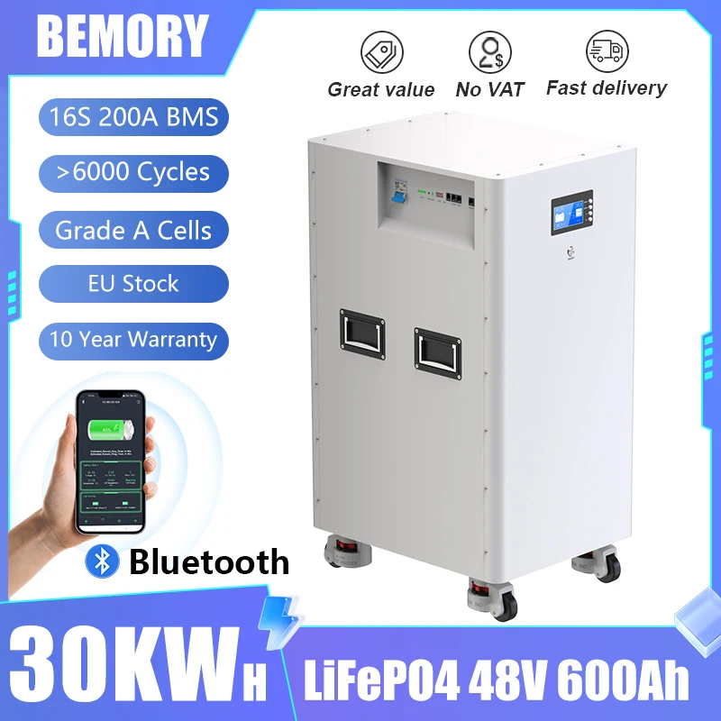 

LiFePO4 Аккумулятор 48 В 600 Ач Литиевая батарея 51,2 В 300 Ач 15 кВт 6000 циклов Bluetooth BMS CAN RS485 Светодиодный дисплей для солнечной батареи ЕС без налога
