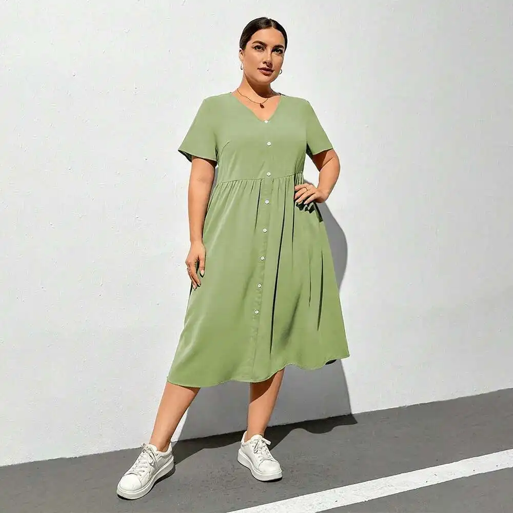 2025 PRIMAVERA/NOVEDAD DE VERANO cuello en V manga corta hasta la rodilla falda Color sólido suelto vestido de cintura alta fiesta verano Elegantes Casual Y2k